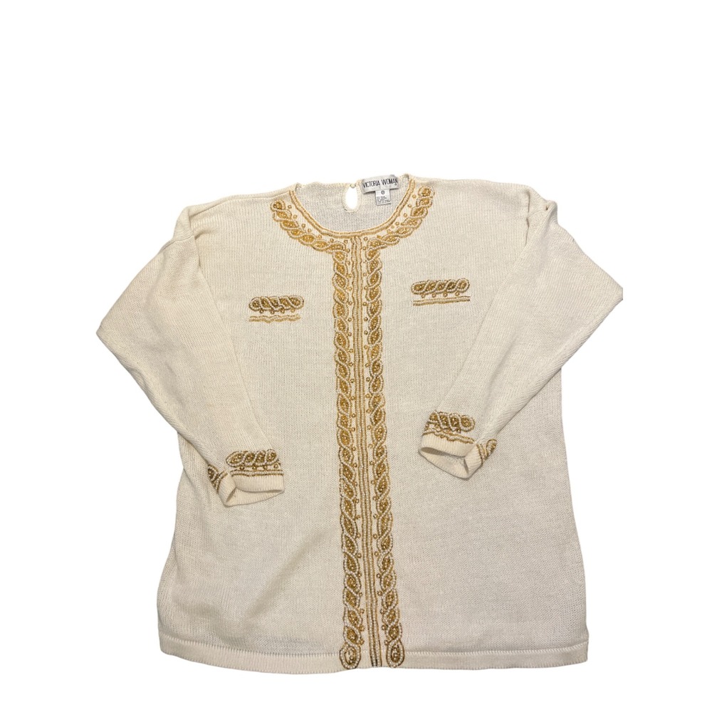 VTG Victoria Woman Beaded Knit Pull Over‎ Sweater Cream Gold Ramie Cotton 2X